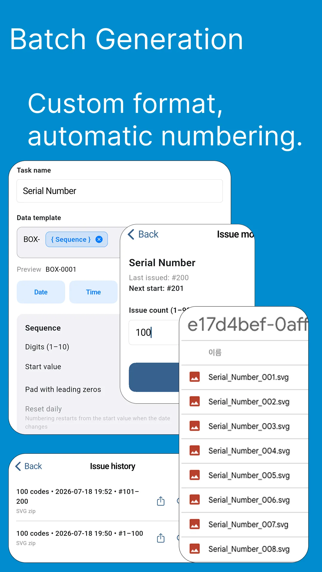 Batch Generation — custom format with automatic numbering